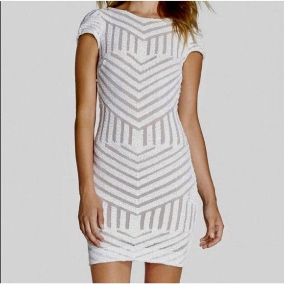 NWT Dress The Population White & Nude Sequin Aztec Print Open Back Cap Sleeve S - Picture 1 of 14